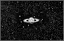 Xilogravura. No centro, o planeta Saturno com faixas brancas e cinza alternadas. Ao seu redor, os anéis em formato elíptico, duas elipses concêntricas com uma faixa negra entre elas. Quatro pontos brancos à direita, três pontos brancos abaixo à esquerda do planeta e um ponto branco, maior, no canto superior esquerdo.