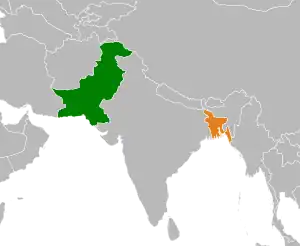 Mapa indicando localização de Bangladesh e do Paquistão.