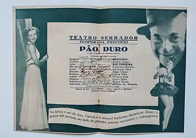 Panfleto da peça Pão Duro (1941) de Amaral Gurgel, encenada pela Companhia Procópio Ferreira. Assinatura de Procópio, Bibi Ferreira e outros atores.
