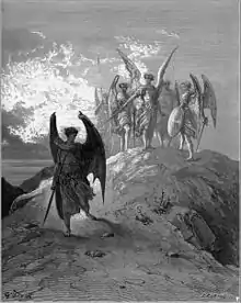 Ilustração de Gustave Doré para "Paraíso perdido" de Milton, V, 1006–1015: Satanás cedendo diante de Gabriel