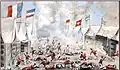 Soldados paraguaios saqueando o acampamento aliado na segunda batalha de Tuyutí (3 de novembro de 1867. As bandeiras (suíça, francesa, etc.) denotam as nacionalidades dos proprietários dos armazéns que atendiam aos soldados aliados (José Ignacio Garmendia).