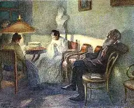 Sob uma Lâmpada (Leo Tolstoi em seu Círculo Familiar), 1902, pastel sobre papel