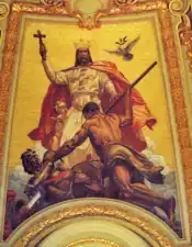 Jesus, com coroa e pomba da paz, apaziguando dois guerreiros em luta, a Catedral de Berlim, ~ 1900