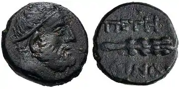 Moeda de bronze de Petélia, na Calábria, com efígie de Héracles com tênia. c. 216−204 a.C.