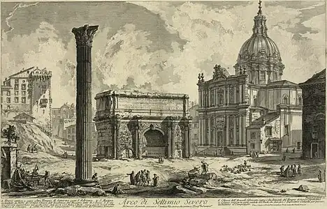 Gravura de Piranesi no século XVIII. Interessante notar o nível da rua, muito mais elevado na época do que é hoje.
