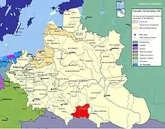 Mapa mostrando a localização da voivodia de Podole (em vermelho) na República das Duas Nações.