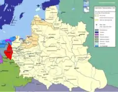 Mapa mostrando a localização da voivodia de Poznań (em vermelho) na República das Duas Nações.
