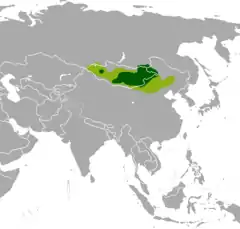 Território histórico (verde-claro) e atual (verde-escuro) da gazela-mongol