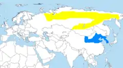 &nbsp;&nbsp;&nbsp;&nbsp;&nbsp;&nbsp;Visitante no verão (reprodução)&nbsp;&nbsp;&nbsp;&nbsp;&nbsp;&nbsp;Visitante no inverno(áreas aproximadas)