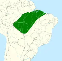 Distribuição do araçari-de-pescoço-vermelho na Bolívia e Brasil