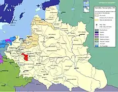 Mapa mostrando a localização da voivodia de Rawa (em vermelho) na República das Duas Nações.