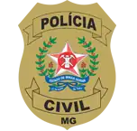 Distintivo da Polícia Civil de MG, com a estrela em vermelho e branco, faixa e laço em azul.