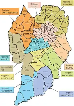 Mapa da Administração Regional de Curitiba desde 2015