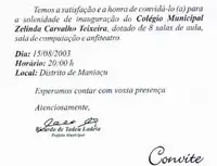 Convite para inauguração de escola municipal no distrito de Maniaçu, em Caetité