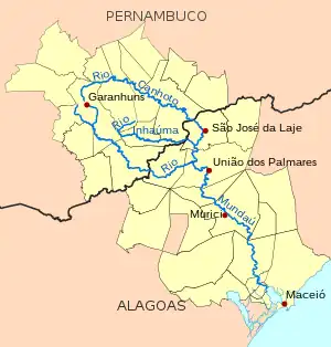Localização do rio Inhaúma pertecente a bacia hidrográfica do rio Mundaú. Em amarelo, os municípios que compõem a bacia hidrográfica do Mundaú.
