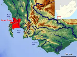 Os rios da região do Cabo com o rio Eerste (centro esquerdo)