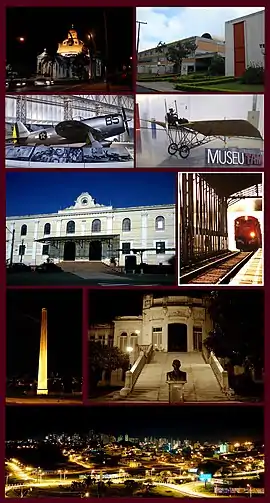 São Carlos (a partir de cima, esquerda): Catedral de São Carlos, UFSCar, P-47D Thunderbolt e Demoiselle 22 (do Museu TAM), Estação Ferroviária de São Carlos, Parque da Chaminé, Escola Álvaro Guião e um panorama da cidade.