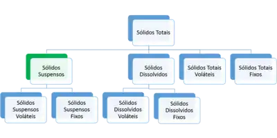 Série de Sólidos Totais.  Tamanho e Estado: Sólidos Suspensos (não filtráveis) - Sólidos Dissolvidos (filtráveis);  Caracterizações Químicas: Sólidos Voláteis (matéria biodegradável ou orgânica a 550°C) - Sólidos Fixos (matéria inorgânica ou mineral).