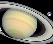 Saturno, com coloração bege pálida e anéis de cor clara em formato elíptico está no centro-esquerda da imagem. A Terra é uma pequena esfera azul e branca no canto direito.