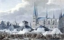 Print of the Battle of Lübeck, showing the fighting in the Market square with St. Mary's Church in the background