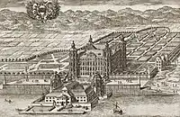 Imagem fantasiosa do palácio em Suecia antiqua et hodierna