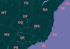 Mapa mostrando as ocorrências confirmadas de S. langsdorfii em pontos amarelos.