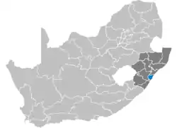 Localização na África do Sul e na província de Cuazulo-Natal