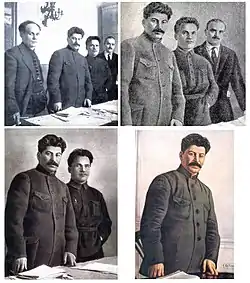 Fotografia retocada onde imagens de políticos são retiradas. A imagem de Kirov é removida, restando apenas a de Stalin (ver: Falsificações de fotografias na União Soviética).