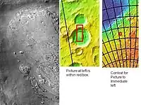 Mesas em degraus no depósito sedimentar do interior da cratera Spallanzani, visto pela THEMIS.