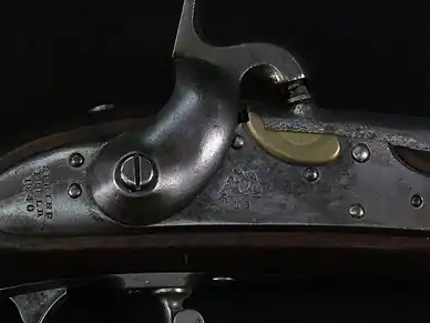 Close do mecanismo de ação do Springfield Model 1840 convertido para percussãoClose do mecanismo de ação do Springfield Model 1840 convertido para percussão.