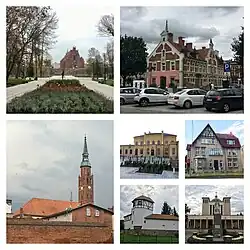 Da esquerda para a direita: parque da cidade com a igreja de São Mateus; praça principal com a prefeitura; igreja de Santa Catarina; estação ferroviária; casa na rua Sikorskiego, 10; Torre de Tczew; igreja de Santo Adalberto
