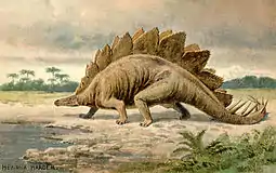 Pintura de um Estegossauro por Heinrich Harder ca. 1920