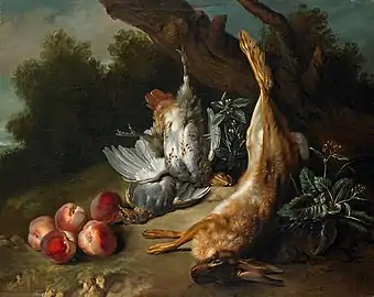 Natureza morta com caça morta e pêssegos em uma paisagem (1727), 80 x 100,3&nbsp;cm., Museu de Arte de Birmingham