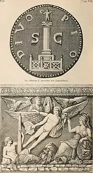 Gravura de uma de moeda de Antonino mostrando a coluna com a estátua do imperador no alto. Abaixo, a cena da apoteose na base.