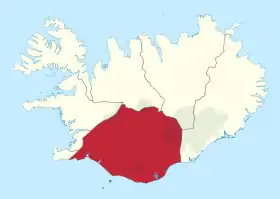 Localização da Região Sul na Islândia