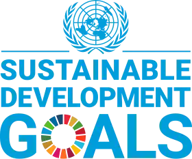 Logo for the United Nations Sustainable Development Goals with the UN symbol above the words "Sustainable Development Goals". The "O" in goals being a rainbow of colours