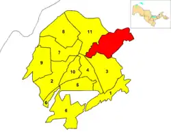 Mapa de Tasquente mostrando o distrito de Mirzo Ulugbek