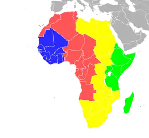 Mapa da África indicando os países por fuso horário.