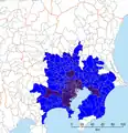 Área Metropolitana Maior de Kantō, segundo o Escritório de Estatística de Japão. População 34,6 milhões (2000). A estimada em 2008 é de cerca de 39 milhões, mas há câmbios para as cidades.