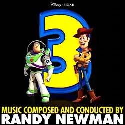 A arte de capa do álbum mostra os personagens Woody e Buzz Lightyear em frente a um número 3 amarelo com contorno azul sob um fundo preto