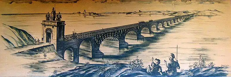 Reconstituição da Ponte de Trajano vista de Drobeta, feita pelo engenheiro E.&nbsp;Duperrex em 1907