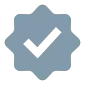 Gray eight-lobed badge with checkmark icon.