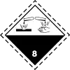 A rhombic-shaped label with letters 8 and "corrosive", indicating that drops of a liquid corrode materials and human hands.
