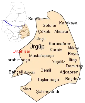 Localização do distrito de Ürgüp e de Ortahisar na província de Nevşehir