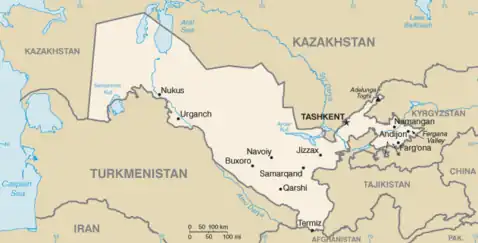 Mapa com as fronteiras do Uzbequistão