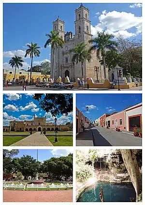 De baixo para cima e da esquerda para a direita: 1) Igreja de São Gervásio; 2) Convento de São Bernardino de Siena; 3) Calçado dos Frades; 4) Parque Central; 5) Cenote Zaci