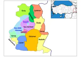 Mapa dos distritos da província de Vã (Turquia) (com os lagos de Vã e de Erçek