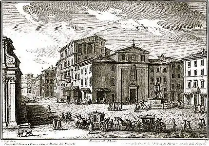 Gravura de Giuseppe Vasi (1750) da igreja e a Piazza Madonna dei Monti em frente.
