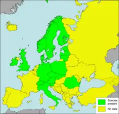 Mapa de distribuição de Vertigo geyeri na Europa. Em verde estão os países onde a espécie pode ser encontrada.