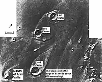 Ilhas em forma de gota formadas por águas de uma inundação proveniente de Maja Valles, vistas do orbitador Viking.  As ilhas se formaram no ejecta das crateras Lod, Bok, e Gold.